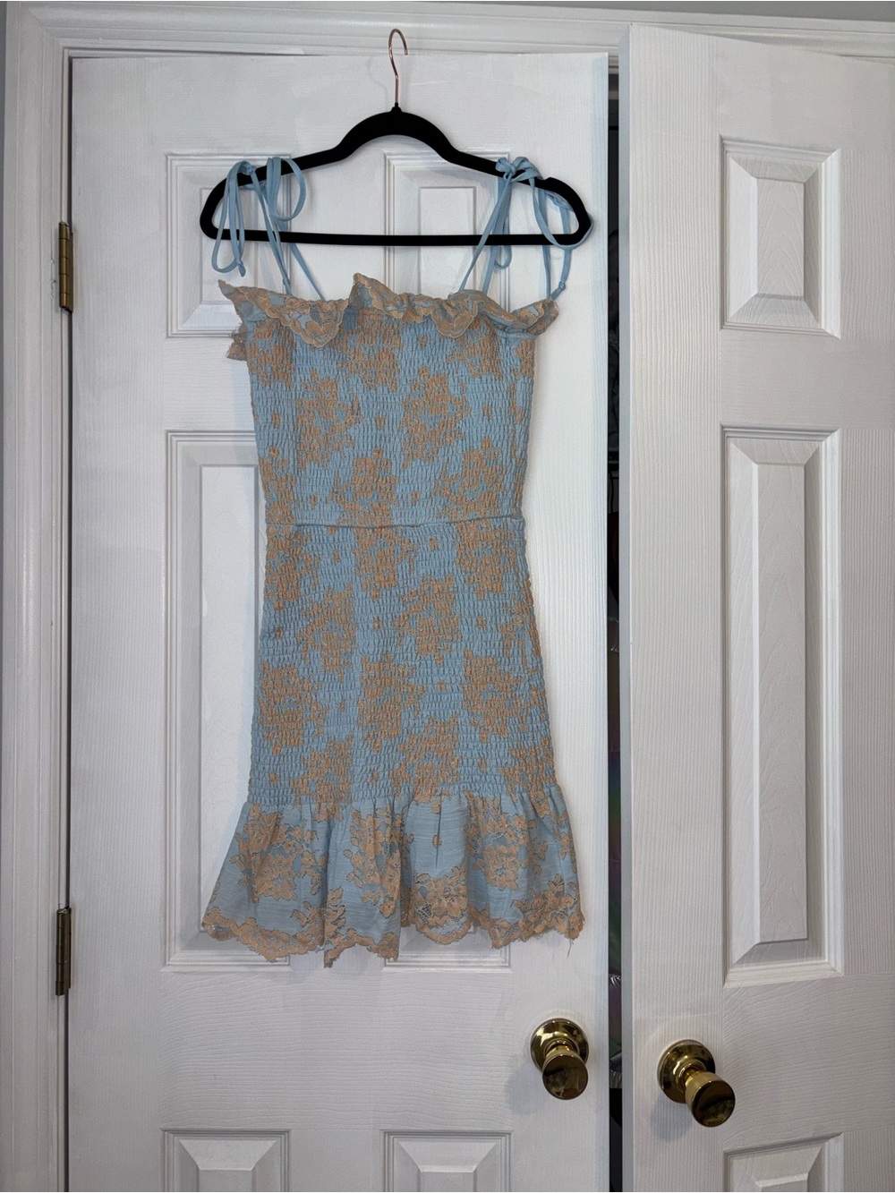 Storia Light Blue and Tan Floral Tie-Shoulder Mini Dress